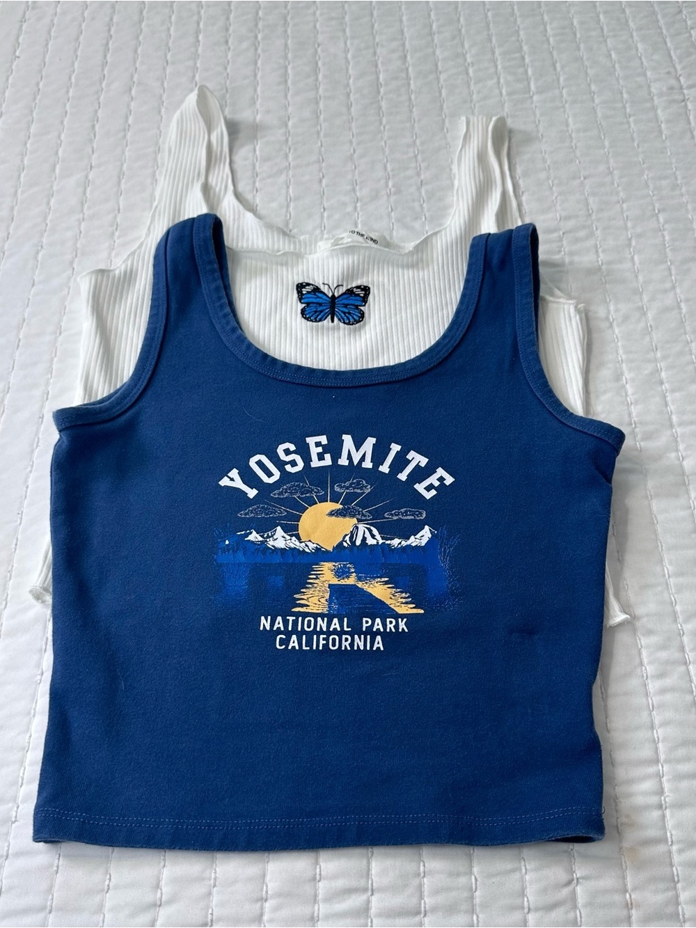 Set of 2 Blue Yosemite Large and White Butterfly Medium Graphic Crop Tank Top